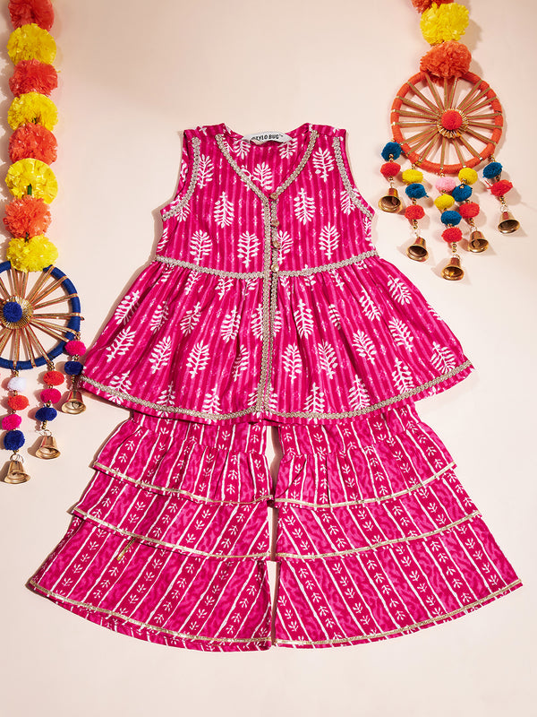 Girls Pink Printed Cotton Kurti Set
