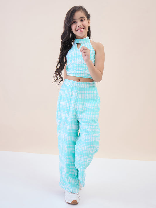 Girls Ankle Length All over Print Top With Pants - Blue