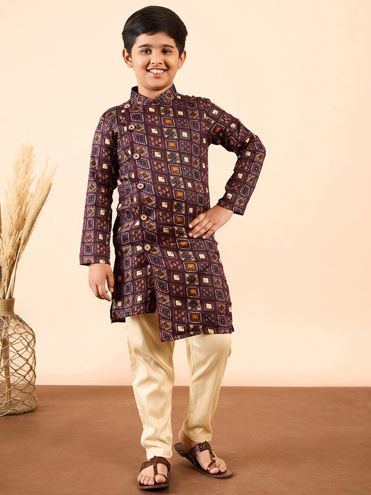 Boys Knee Length Printed Kurta Set - Brown