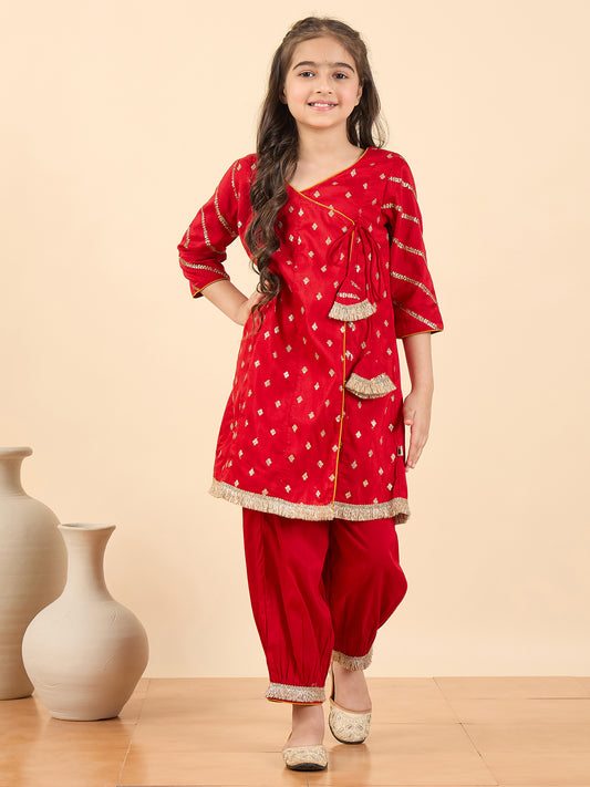 Girls Above Knee Embroidery Kurti Set - Red