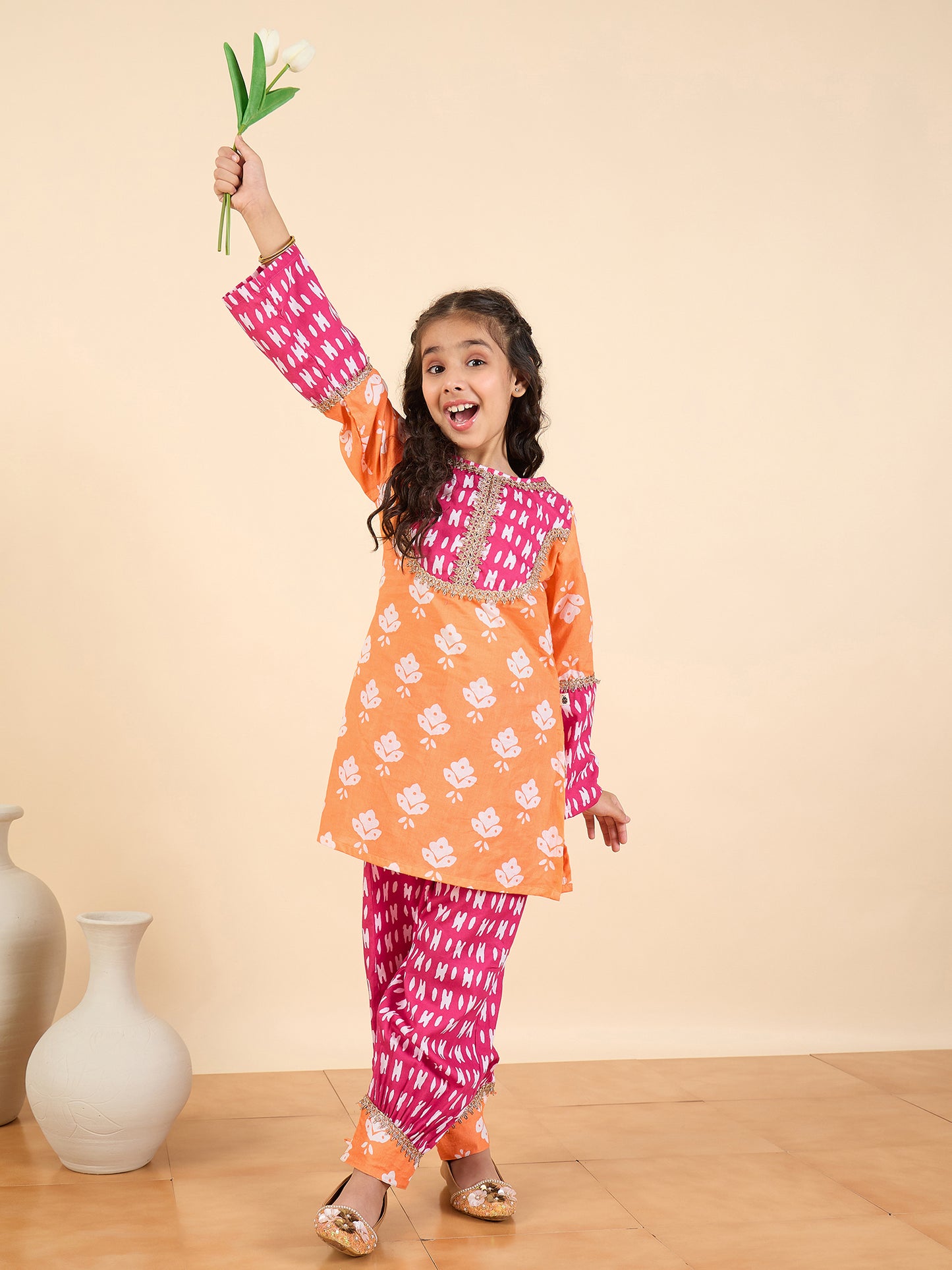 Girls Full Length All over Print Kurti Set - Magenta