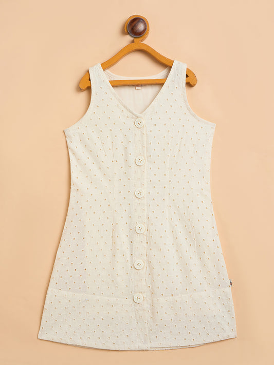 Girls Knee Length Solid Dress - Off-White