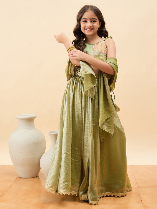 Girls Waist Length Embroidery Lehenga Choli - Green