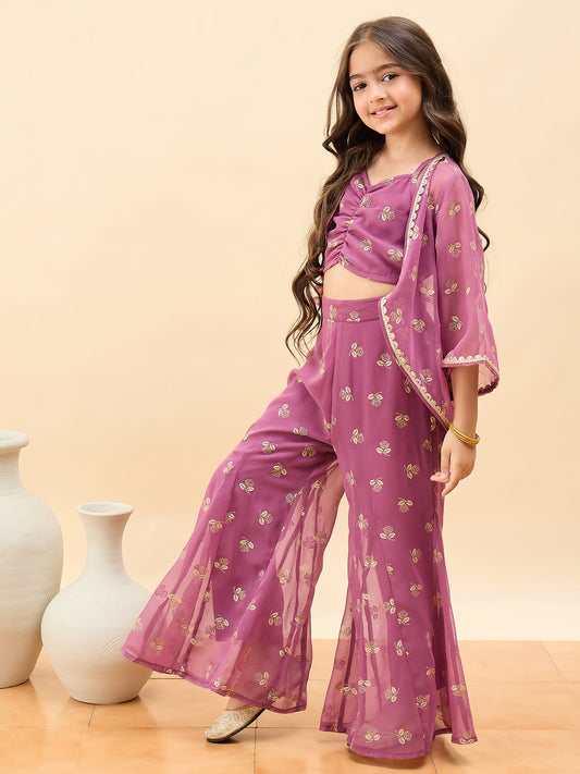 Girls Waist Length All over Print Kurti Set - Pink