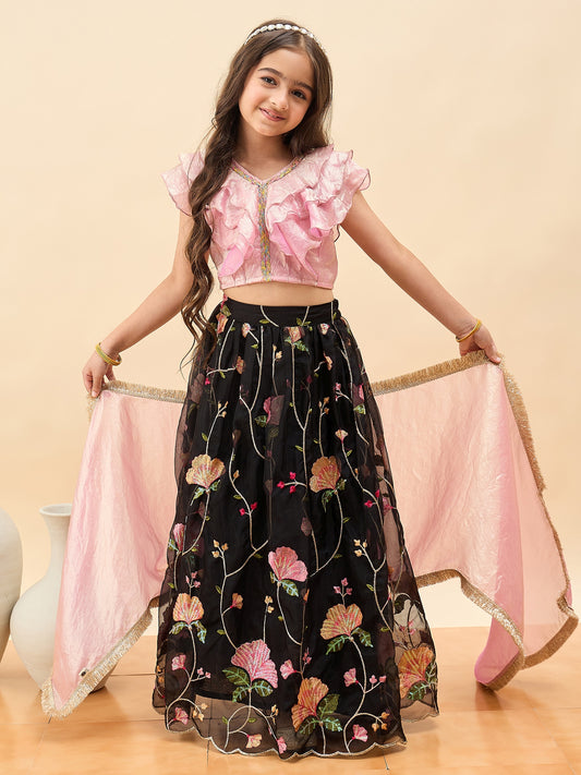 Girls Waist Length Embroidery Lehenga Choli - Pink