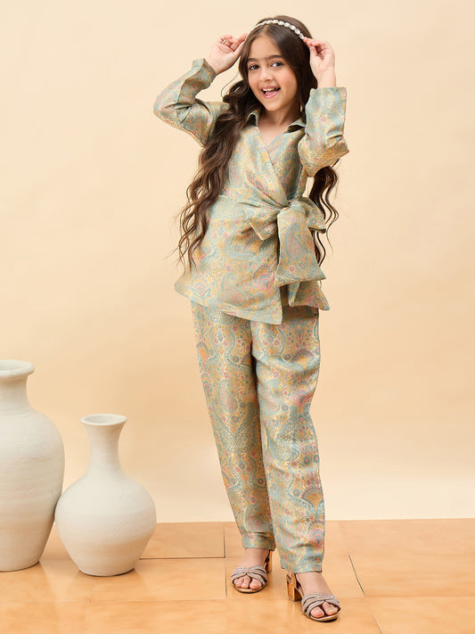 Girls Hip Length Embroidery Top With Pants - Green