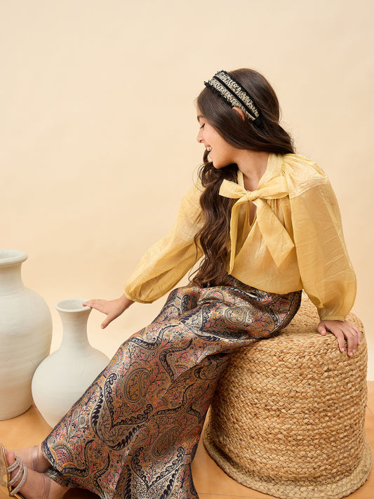 Girls Hip Length Embroidery Top With Pants - Gold