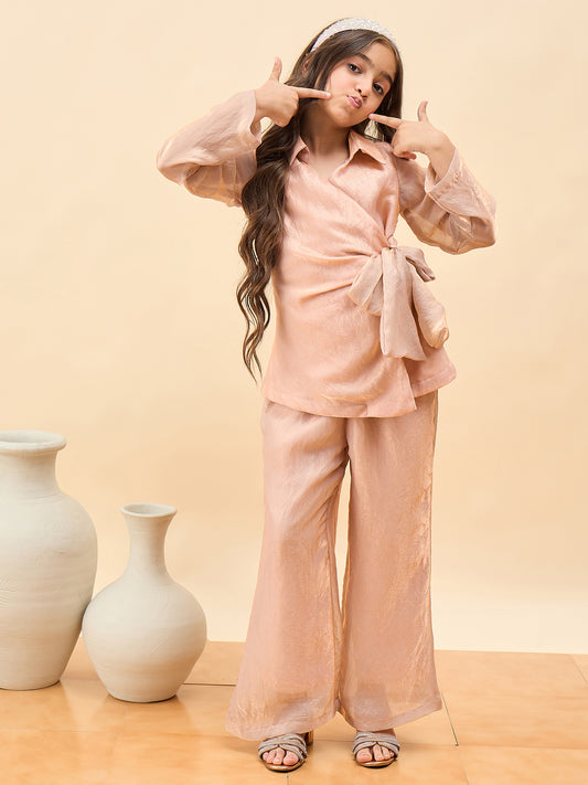 Girls Hip Length Solid Top With Pants - Gold