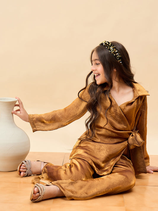 Girls Hip Length Solid Top With Pants - Brown