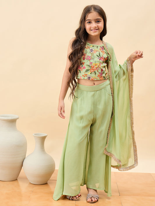 Girls Waist Length Embroidery Top With Pants - Green