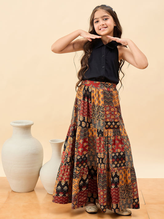Girls Full Length All over Print Lehenga Choli - Black