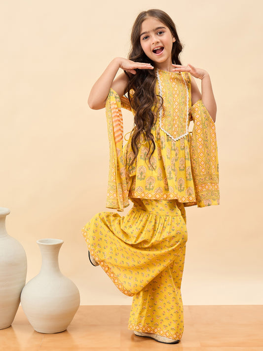 Girls Above Knee All over Print Kurti Set - Yellow