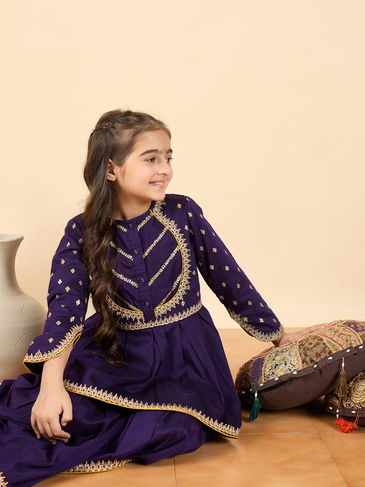 Girls Above Knee Embroidery Kurti Set - Purple