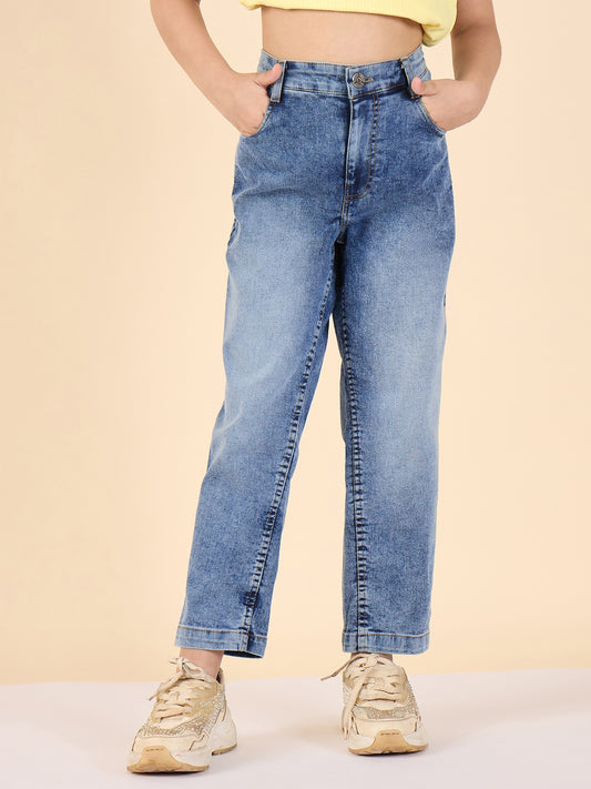 Girls Ankle Length Solid Jeans - Blue