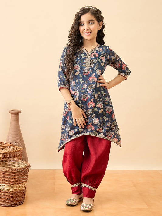 Girls Above Knee Printed Kurti Set - Blue