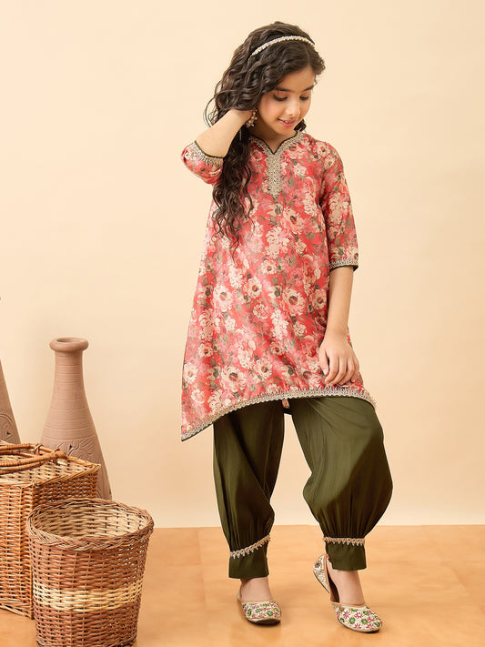 Girls Above Knee Printed Kurti Set - Red