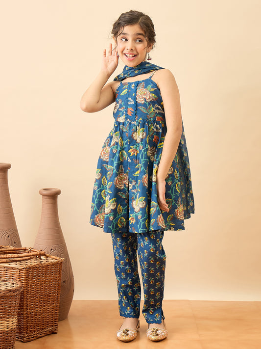 Girls Above Knee Printed Kurti Set - Blue
