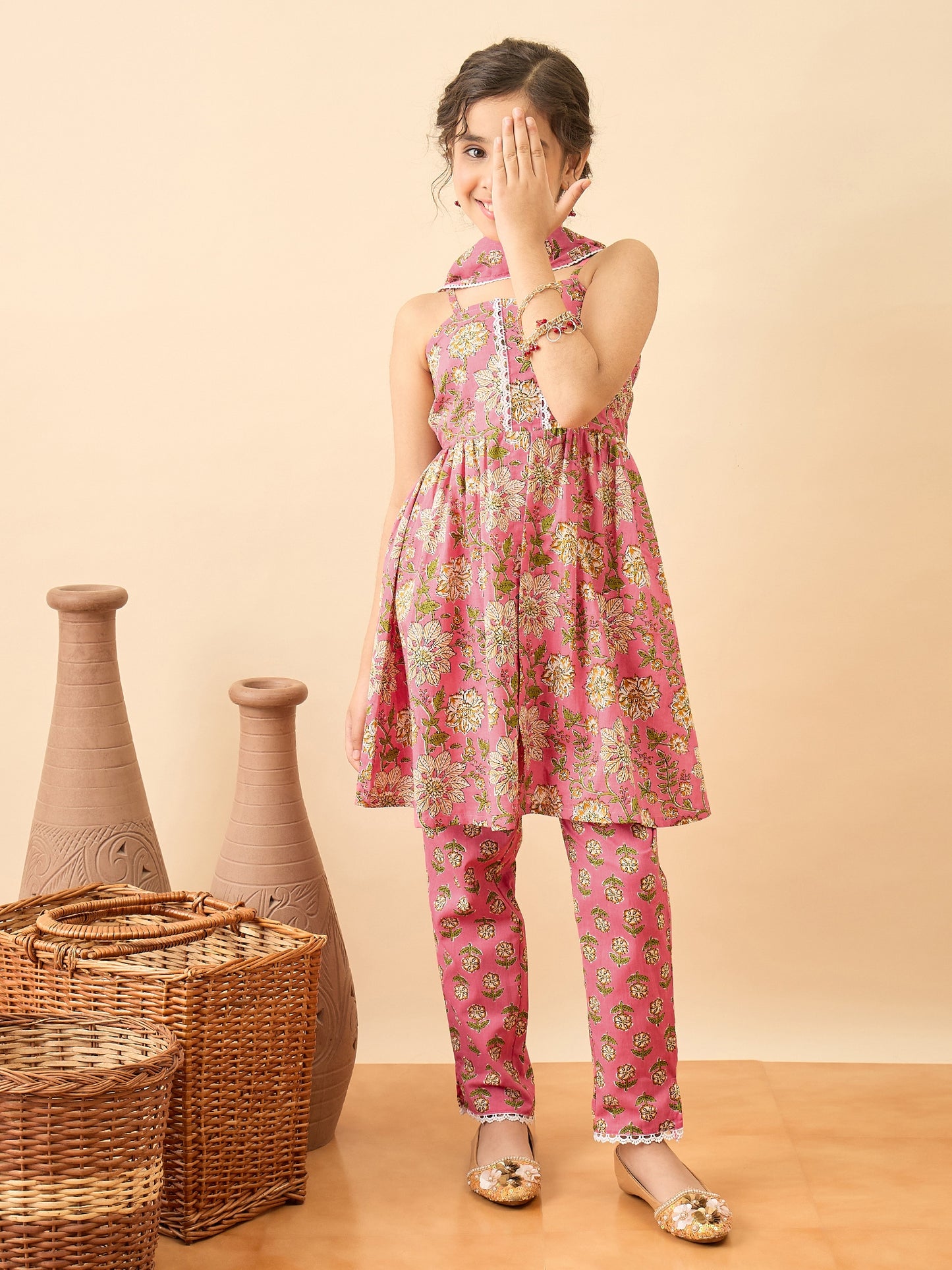 Girls Above Knee Printed Kurti Set - Pink