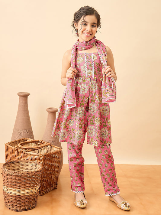 Girls Above Knee Printed Kurti Set - Pink