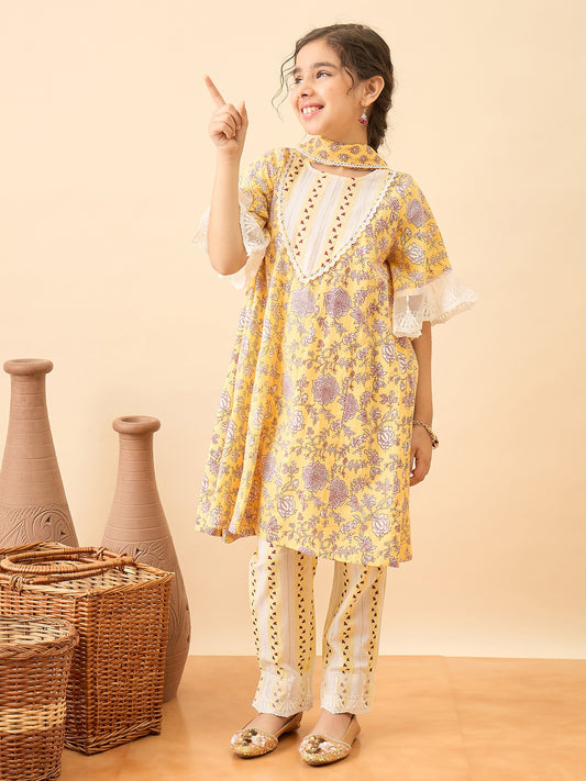 Girls Above Knee Printed Kurti Set - Yellow