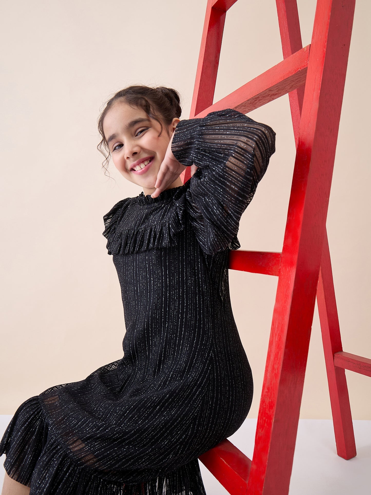 Girls Knee Length Solid Dress - Black