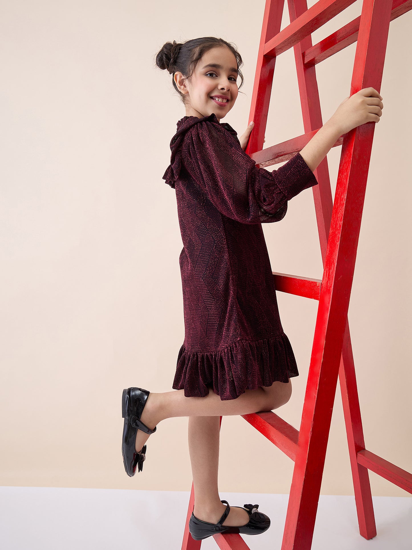 Girls Knee Length Solid Dress - Maroon