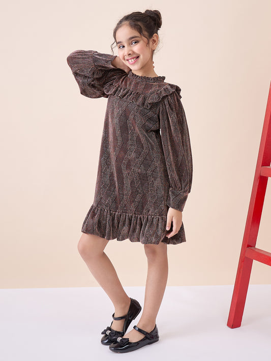 Girls Knee Length Solid Dress - Brown