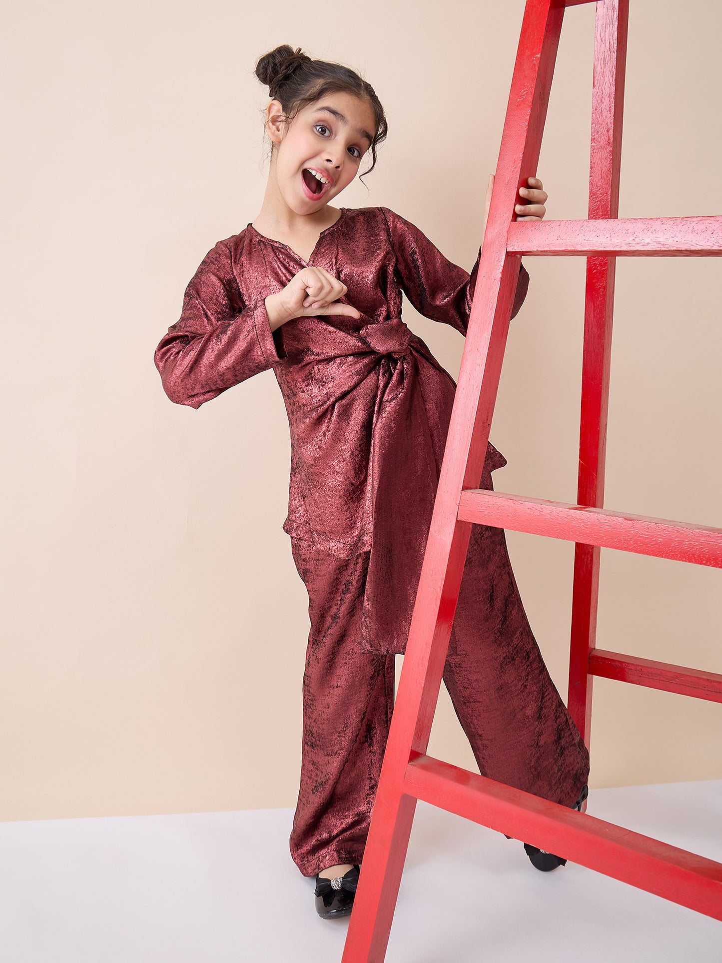 Girls Ankle Length Solid Top With Pants - Maroon