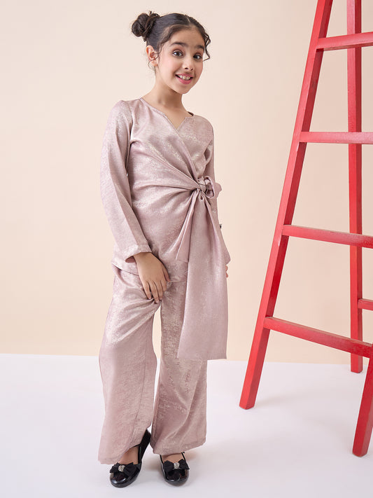 Girls Ankle Length Solid Top With Pants - Pink