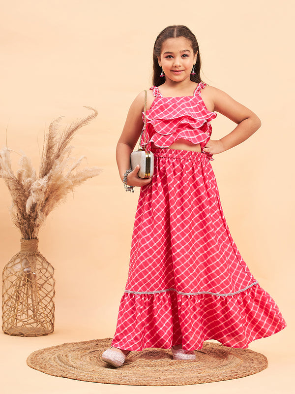 Girls Pink Printed Polyester Fit and Flare Lahnga Choli