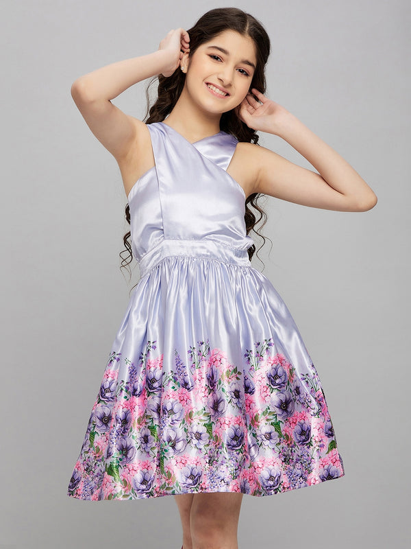 Girls Purple Placement print Satin Fit and Flare Dress