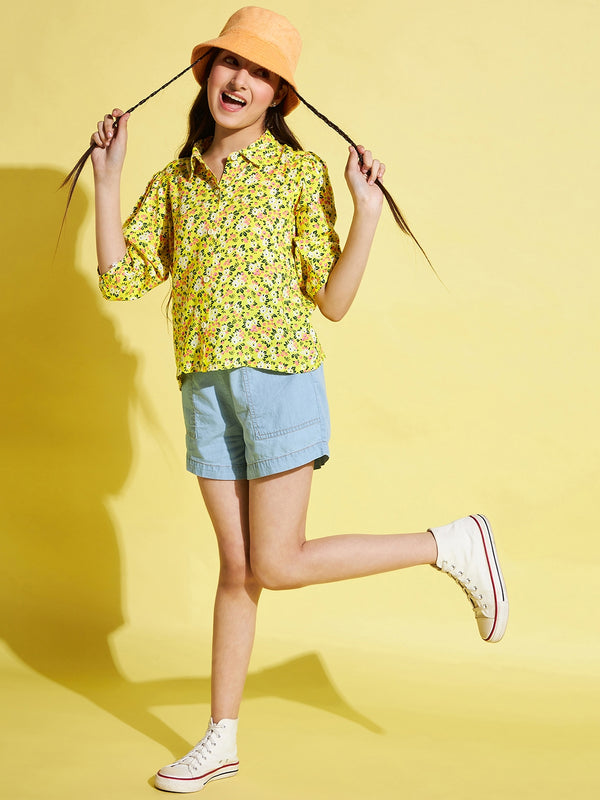Girls Yellow Printed Rayon Top-Shirt Top