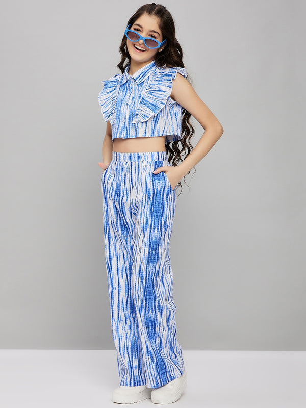 Girls Blue Printed Rayon A-Line Top With Pants