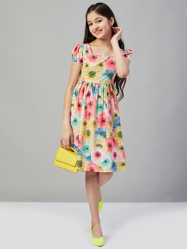 Girls Multi Printed Polyester Fit and Flare Dress