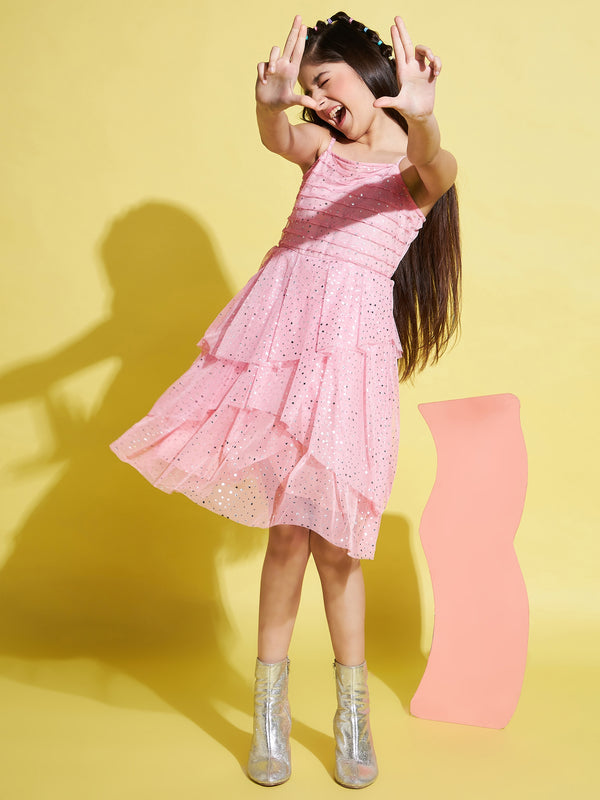 Girls Pink Printed Silk Fit and Flare Dress
