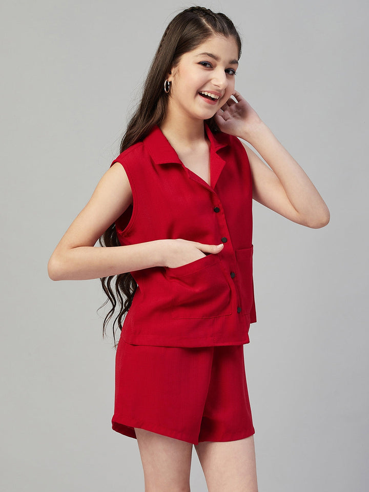 Girl's Solid Top with Shorts - Red StyloBug