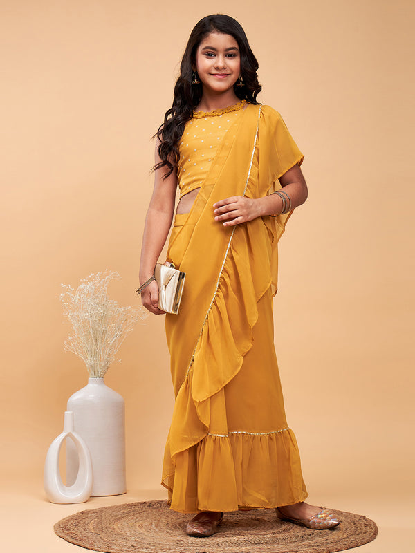 Girls Yellow Solid Polyester Empire Saree