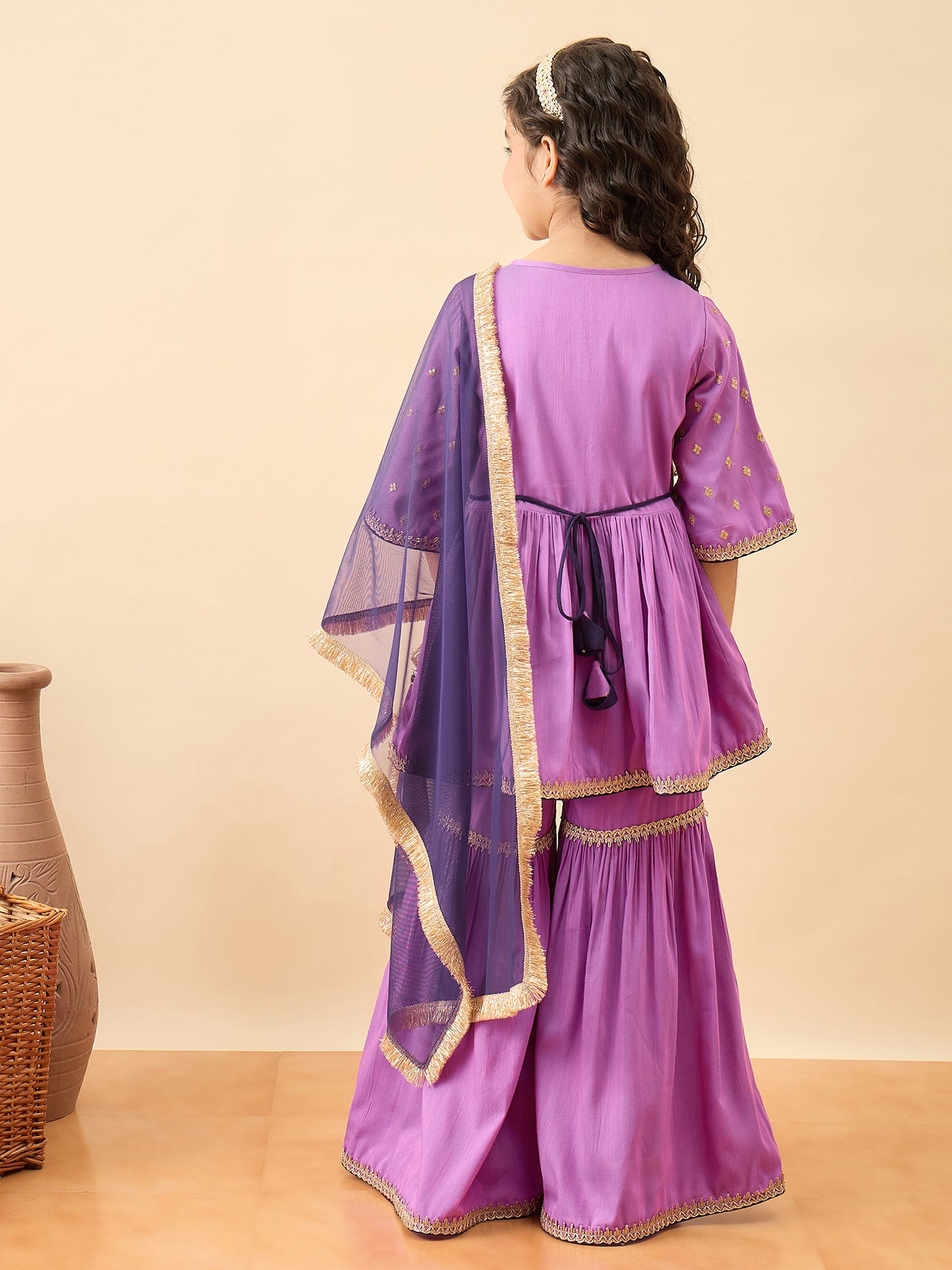 Girls Embroidery Kurti Set - Lavender