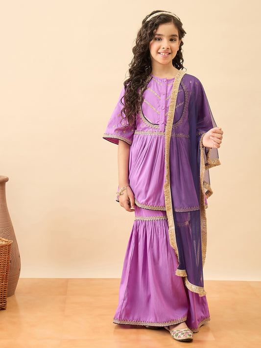 Girls Embroidery Kurti Set - Lavender