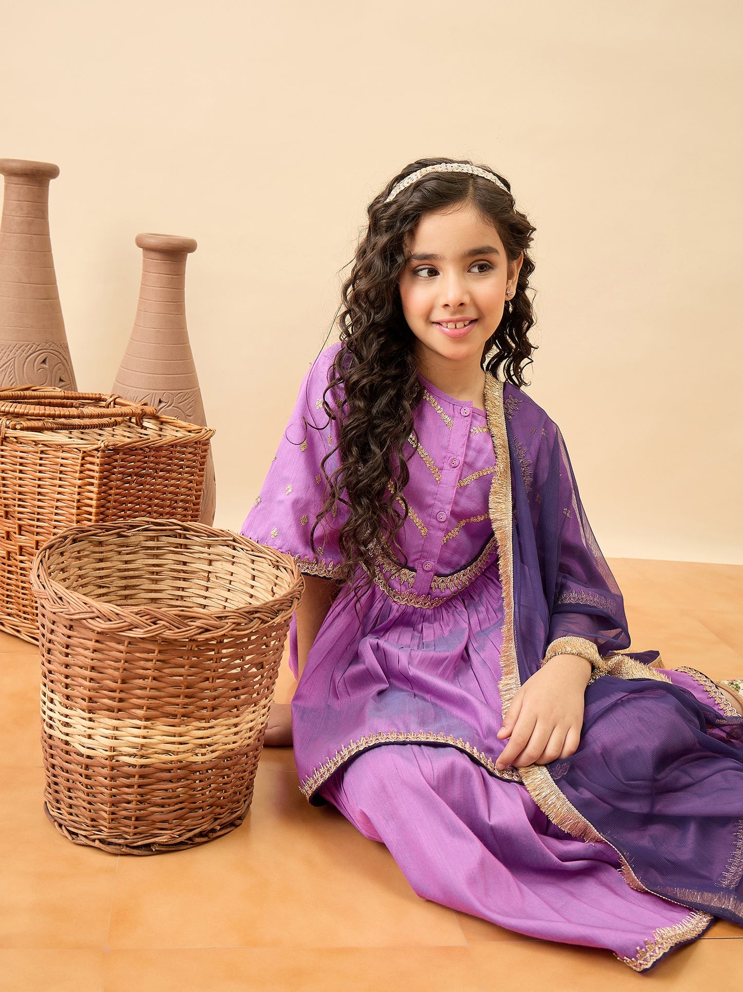 Girls Embroidery Kurti Set - Lavender