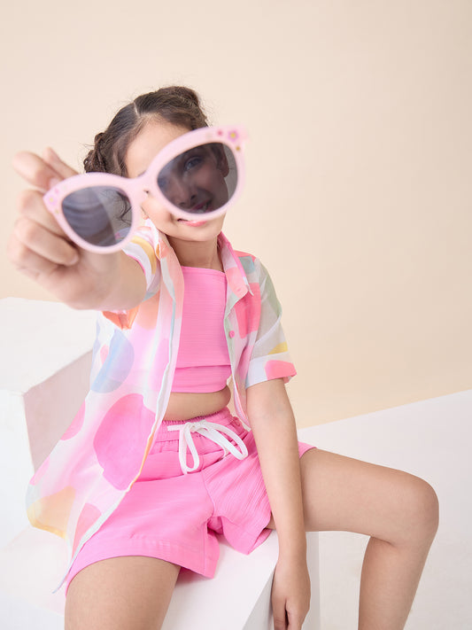 Girls Above Knee All over Print Top with Shorts - Pink