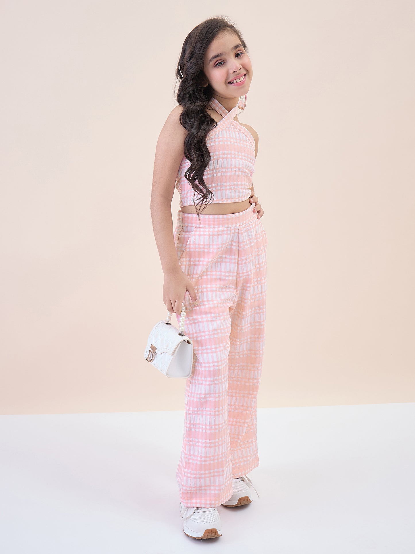 Girls Ankle Length All over Print Top With Pants - Peach