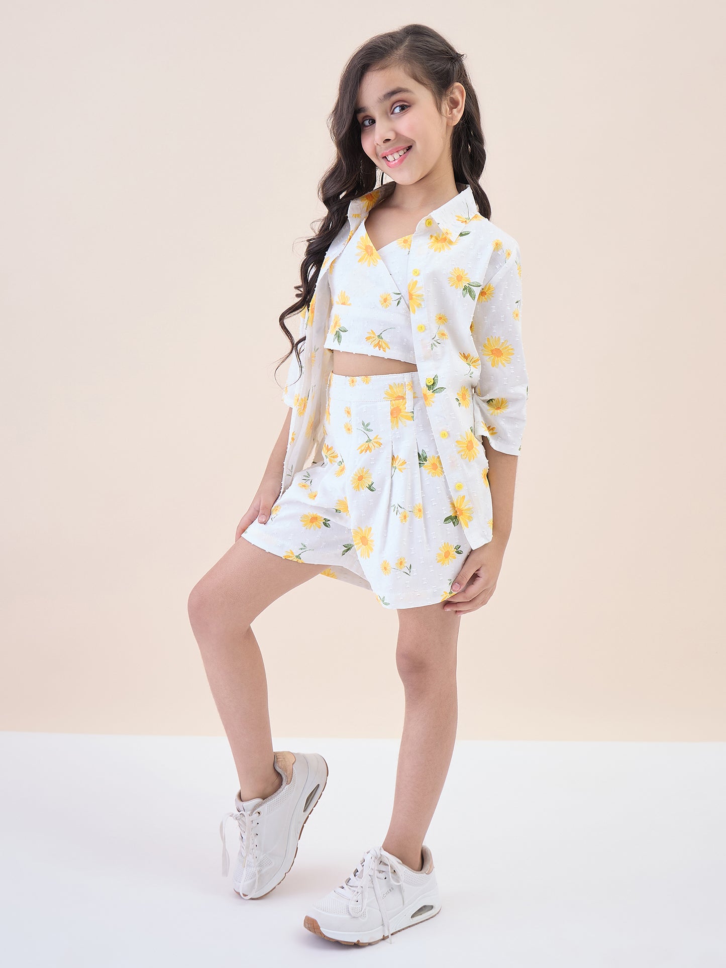 Girls Above Knee All over Print Top with Shorts - Off-White