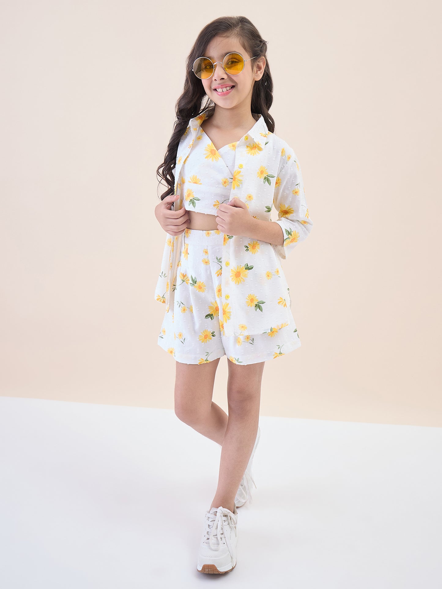 Girls Above Knee All over Print Top with Shorts - Off-White