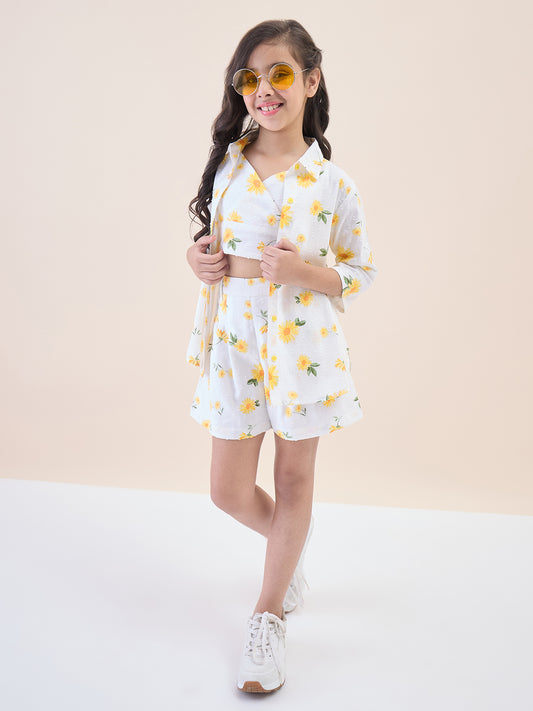 Girls Above Knee All over Print Top with Shorts - Off-White