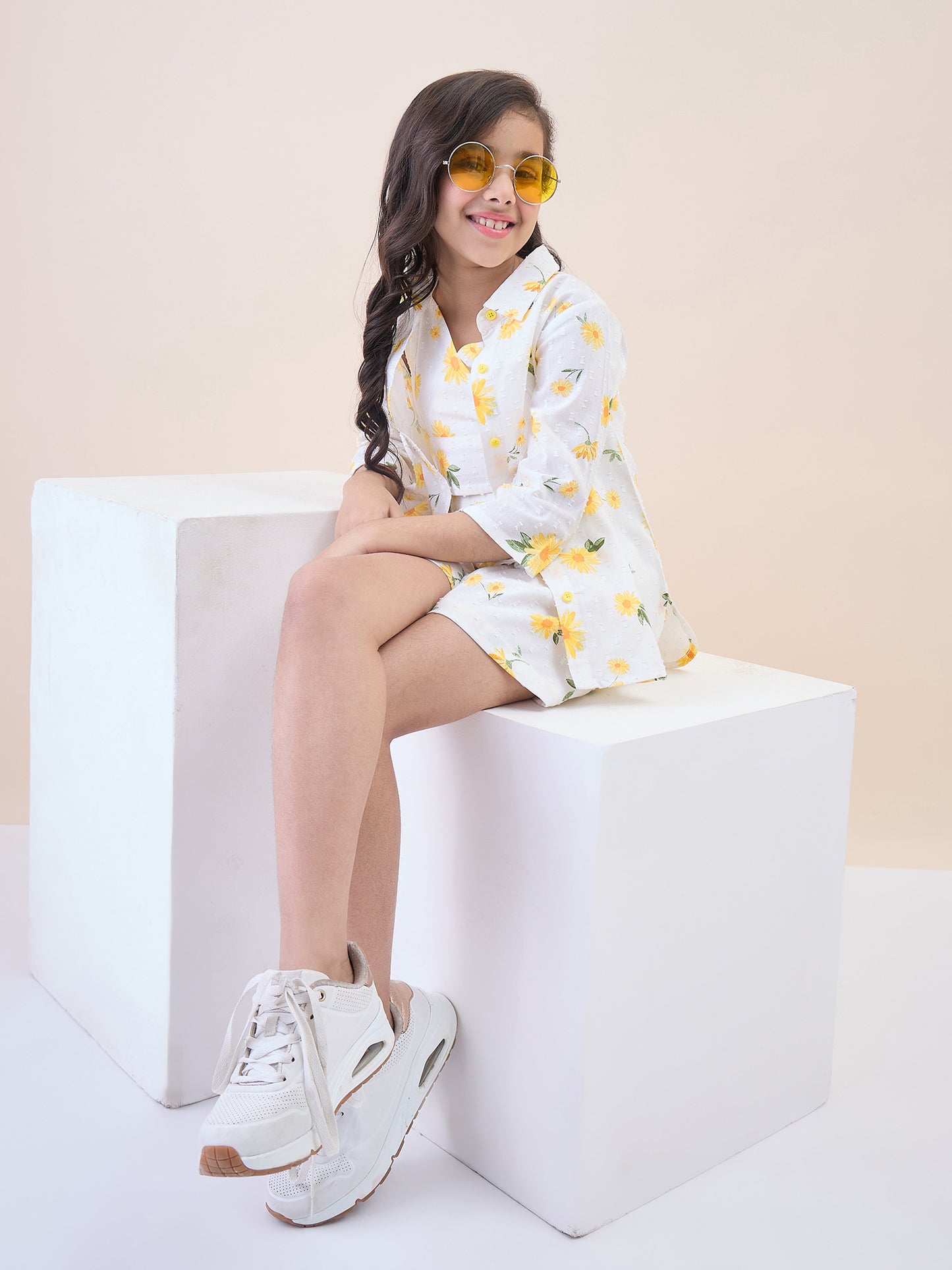 Girls Above Knee All over Print Top with Shorts - Off-White