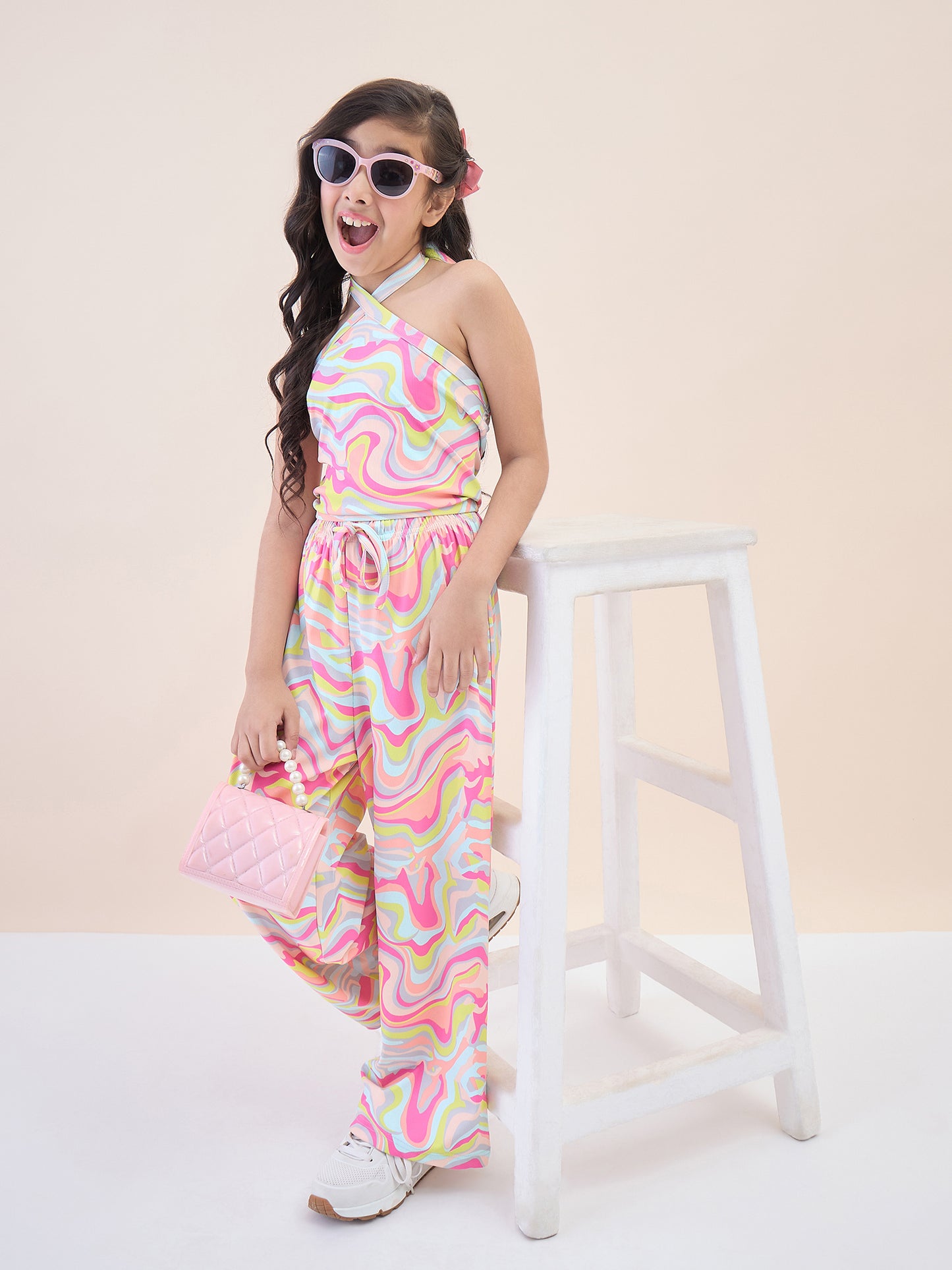 Girls Ankle Length All over Print Top With Pants - Multi