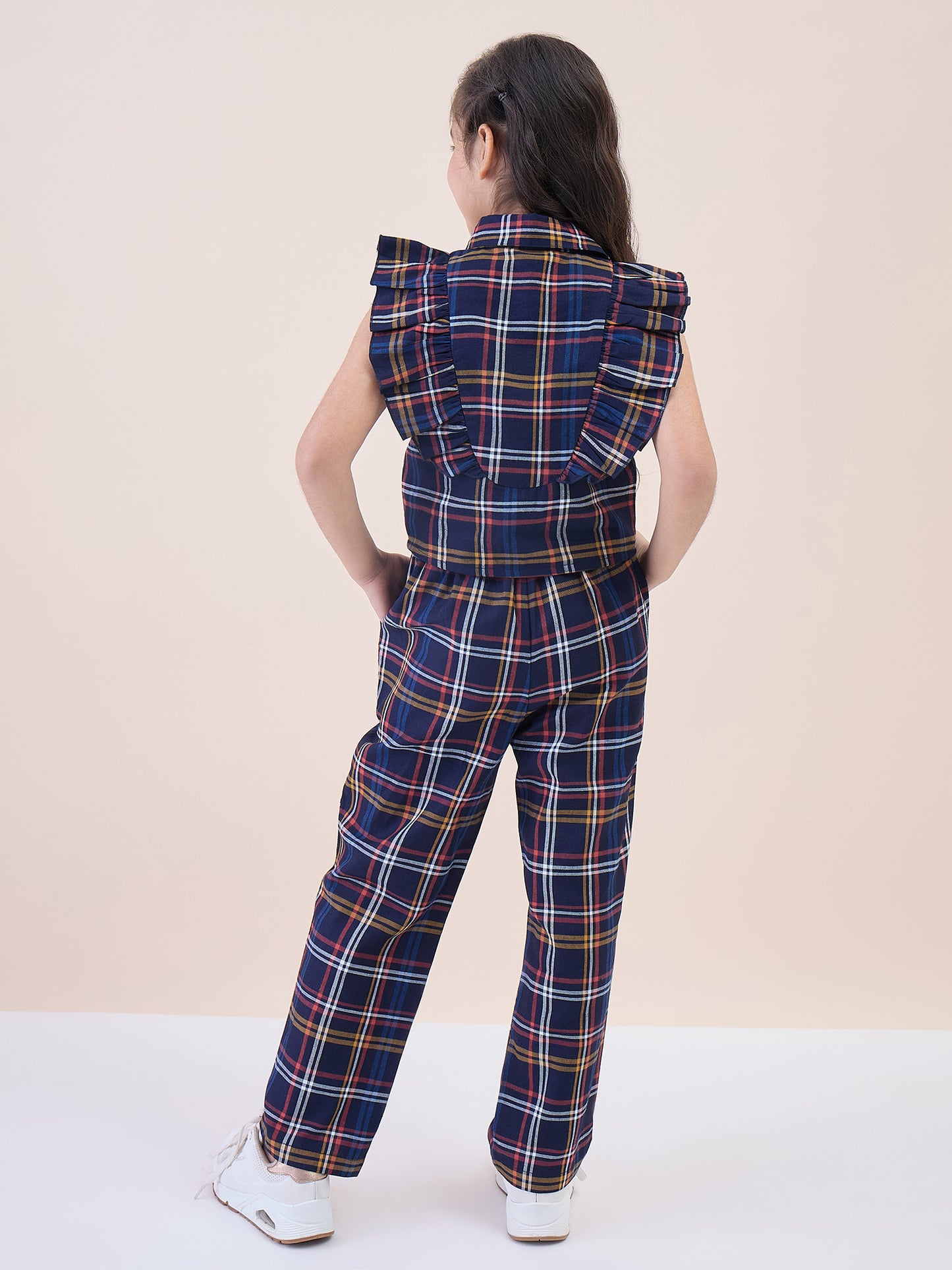 Girls Ankle Length All over Print Top With Pants - Navy Blue