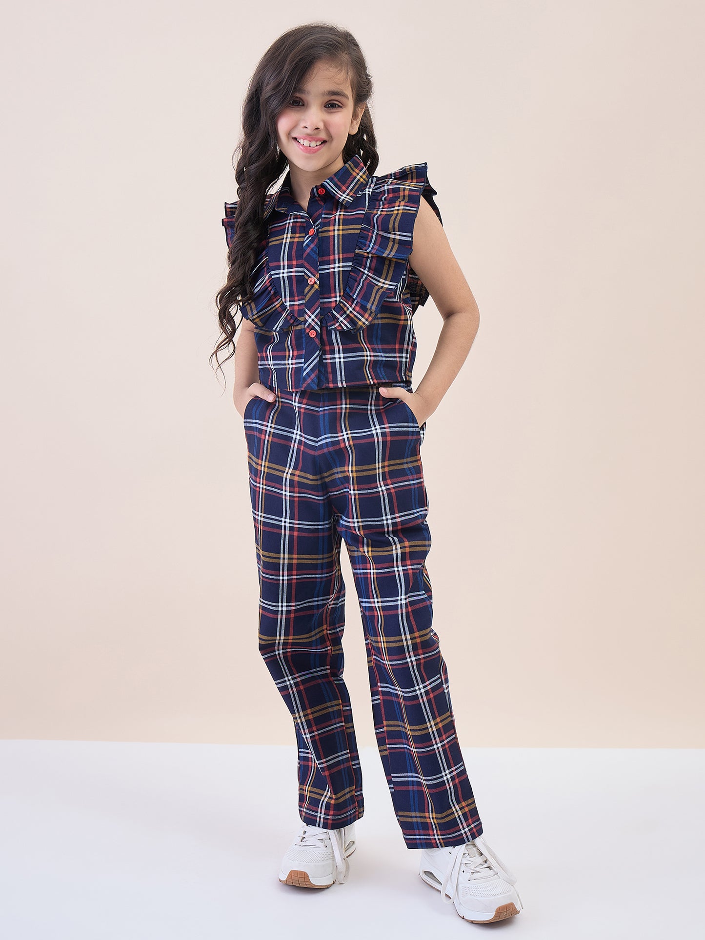 Girls Ankle Length All over Print Top With Pants - Navy Blue