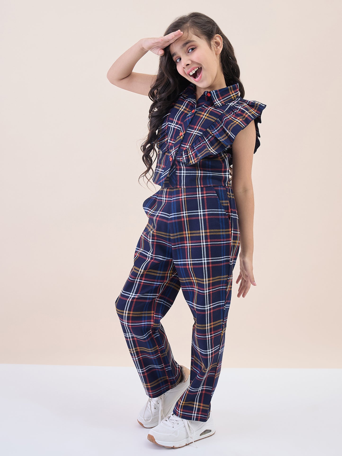 Girls Ankle Length All over Print Top With Pants - Navy Blue